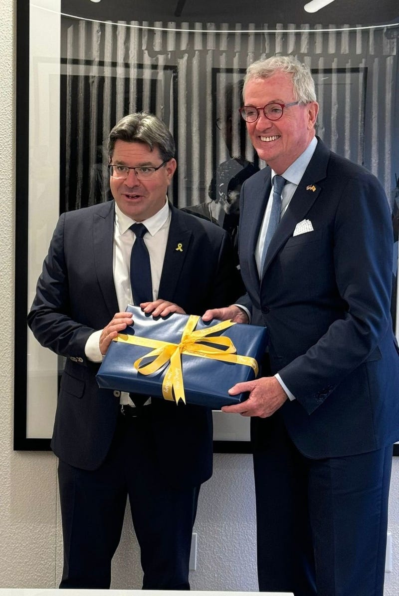Consul general Ofir Akunis with New Jerey Gov. Phil Murphy on June 27, 2024. "The ironclad relationship between Israel and New Jersey is a bilateral bright spot, and demonstrates the value of collaborating with the creative and innovative Jewish State,” Akunis said. “As Israel’s former Minister of Innovation, Science and Technology, this is something I am especially proud of. We hope the tremendous success of the New Jersey-Israel Commission can serve as an example for all parties that seek to deepen their ties with Israel."