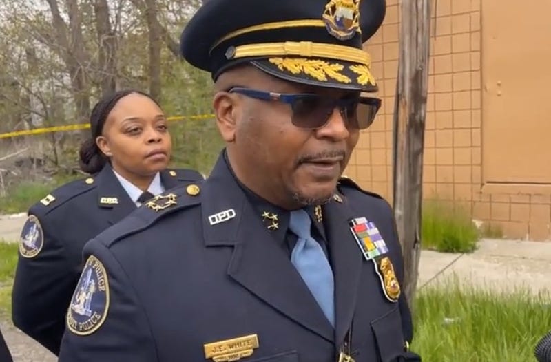 Detroit Police Chief James White speaks to the media during a press conference on Friday's double shooting that left one man dead