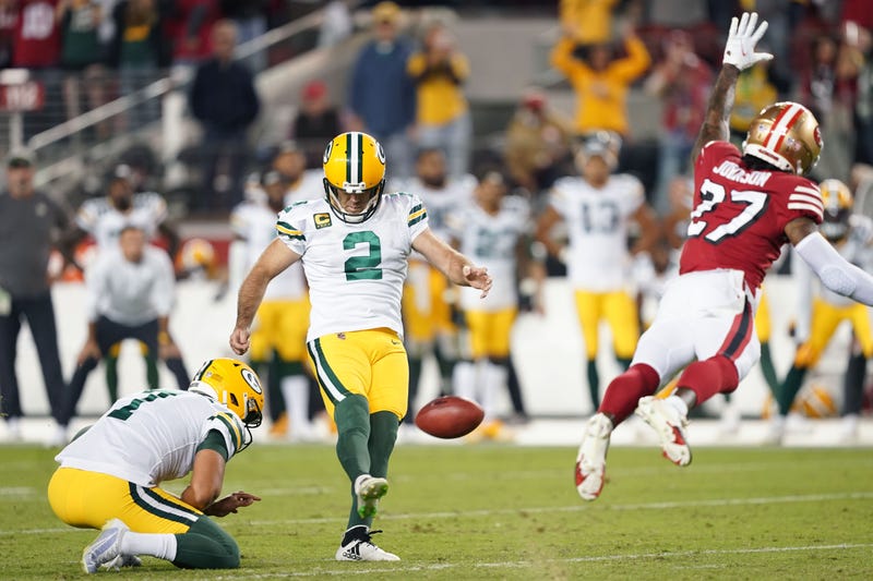 Sep 26, 2021; Santa Clara, California, USA; Green Bay Packers kicker Mason Crosby (2) kicks a game-winning field goal during the fourth quarter against the San Francisco 49ers at Levi's Stadium. Mandatory Credit: Darren Yamashita-USA TODAY Sports