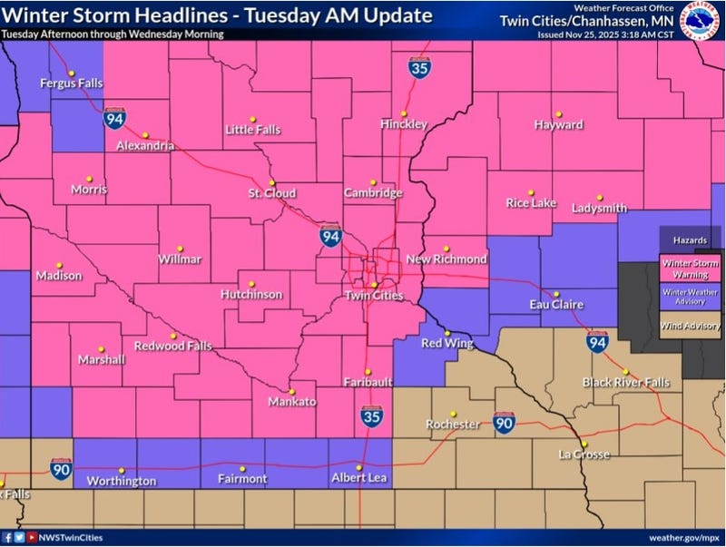 Most of 'CCO Land is under a Winter Storm Warning from 6pm Tuesday until 9am on Wednesday.