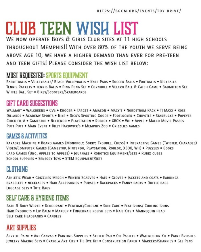 Boys & Girls Clubs of Greater Memphis Wish List (Teens) 2023