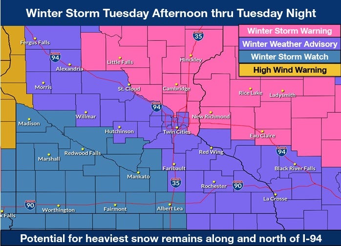 It's Chris Shaffer's Neapolitan ice cream storm, with a winter storm warning to the north and east, a winter weather advisory in the middle, and a winter storm watch to the southwest. 