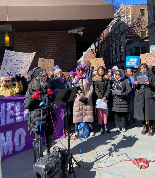 Women and supporters gathered in lower Manhattan on Sunday to advocate against Andrew Cuomo's candidacy.