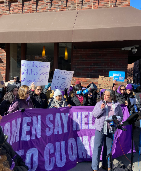 The protest was held at Houston and Hudson streets in Hudson Square, outside where Cuomo spoke to the New York City District Council of Carpenters on Sunday.