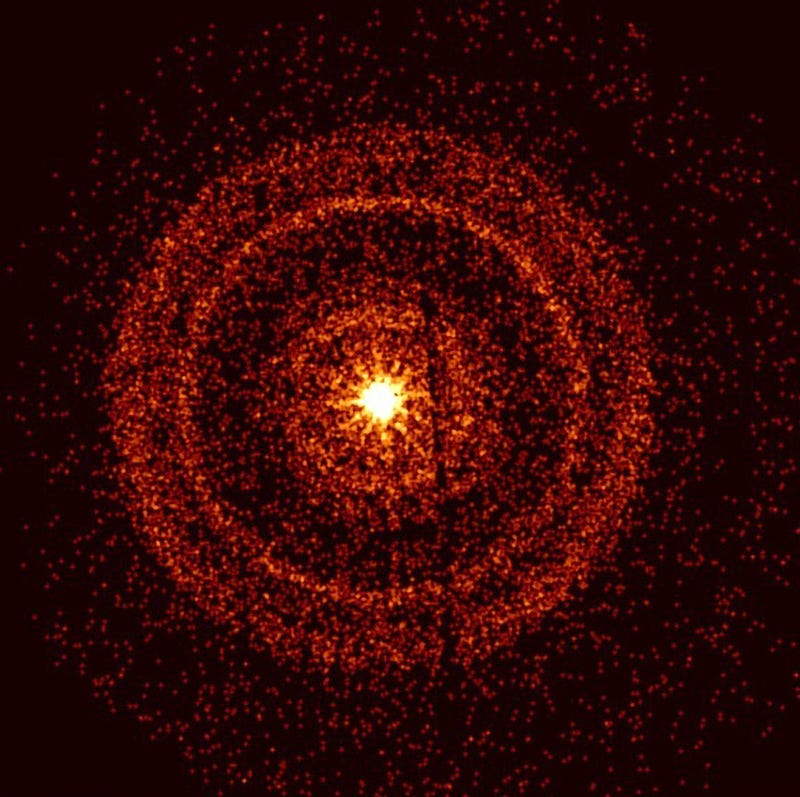 A capture of the afterglow of GRB221009A from Swift's X-ray telescope showing x-rays scattered in the direction of the burst.
