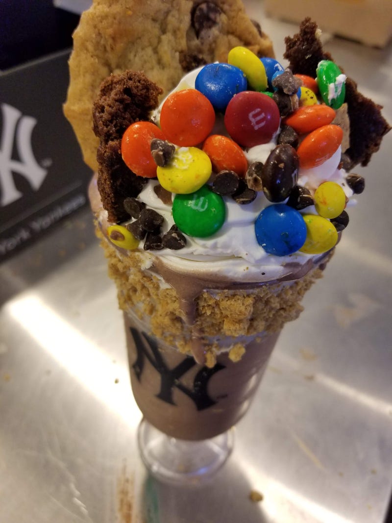 A milkshake at Yankee Stadium topped with M&Ms and cookie bits