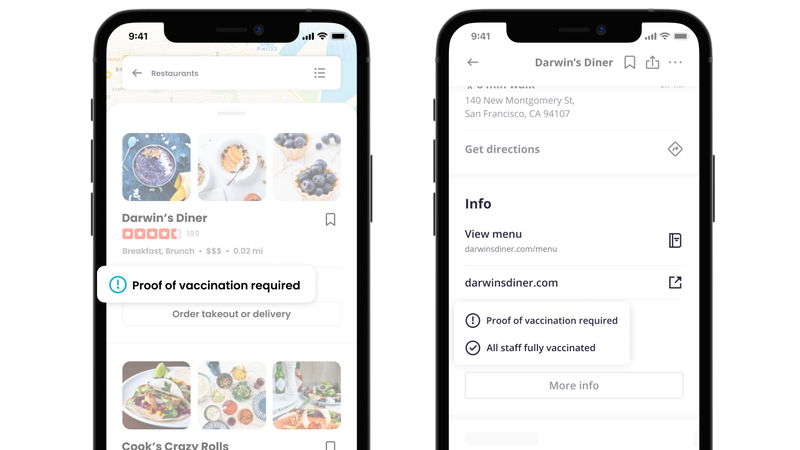 Yelp is adding features to allow businesses to display whether proof of vaccination required” to enter and whether all staff have been fully vacinated.