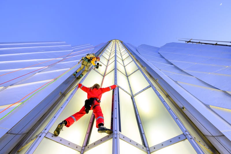 Jared Leto climbs the Empire State Building on Nov. 9, 2023 to promote his band Thirty Seconds to Mars' 2024 world tour.