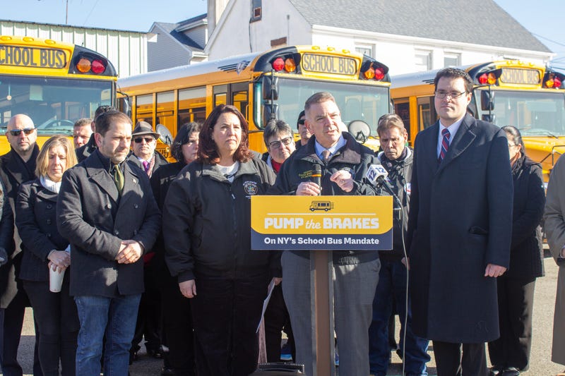 New York State Senator Steven Rhoads was joined by other elected officials, school officials and fire officials at the Levittown bus depot Sunday morning to call for Gov. Kathy Hochul to 'pump the brakes' on the state mandate requiring zero-emission school buses by 2035.