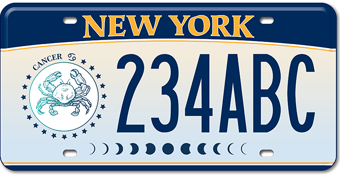 The New York State DMV released a series of zodiac-themed license plates; Cancer pictured above.
