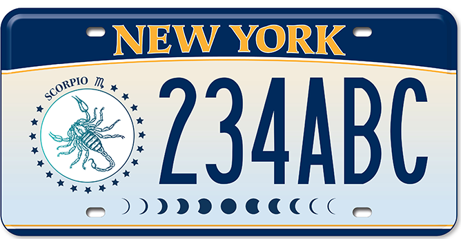 The New York State DMV released a series of zodiac-themed license plates; Scorpio pictured above.