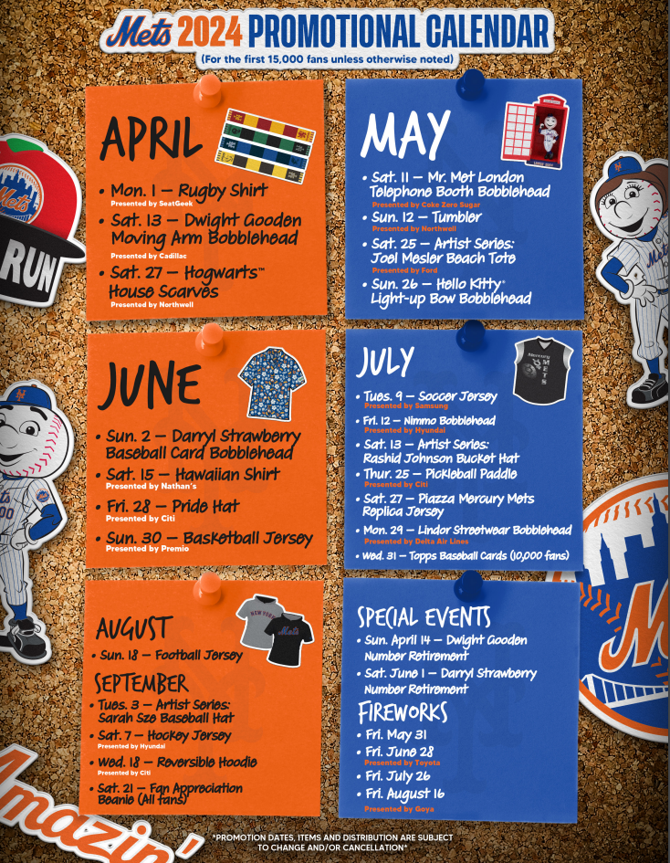 The New York Mets' 2024 promotional calendar