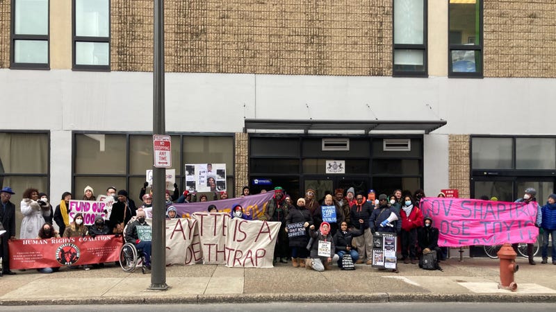 Groups including the Human Rights Coalition and Philly Muslim Freedom Fund demonstrated outside Gov. Josh Shapiro's Philadelphoa offices on Saturday.