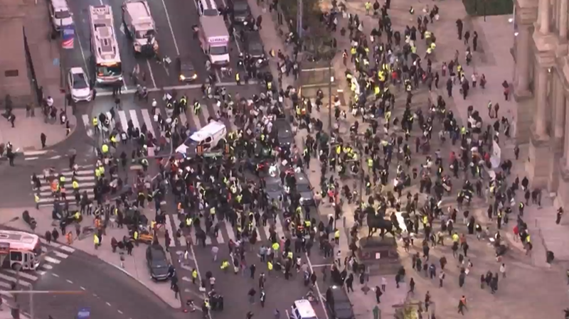Members of District 33, Philadelphia’s largest union of city workers, blocked traffic during rush hour at City Hall after voting to authorize a strike this week.
