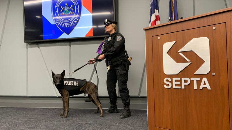 SEPTA K-9 officer Swen with transit police officer Jennifer Dellavecchio at SEPTA headquarters