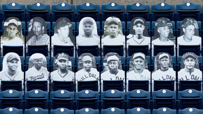 Posters of Negro League players in the outfield stands at Citizens Bank Park