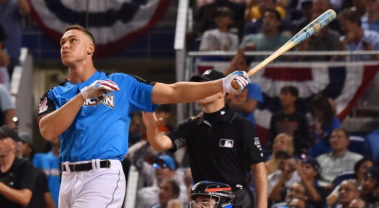 Aaron Judge takes a swing during the Home Run Derby on July 10, 2017, at Marlins Park in Miami.
