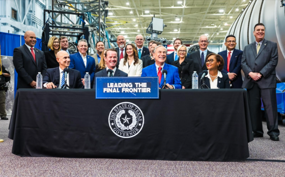Texas Gov. Greg Abbott, second from right, at the Johnson Space Center in Houston, Texas on Tuesday, March 26, 2024.