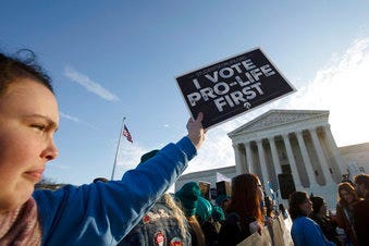 Anti-abortion demonstrators rally outside of the U.S. Supreme Court in Washington, Wednesday, March 4, 2020. (AP Photo/Jose Luis Magana)