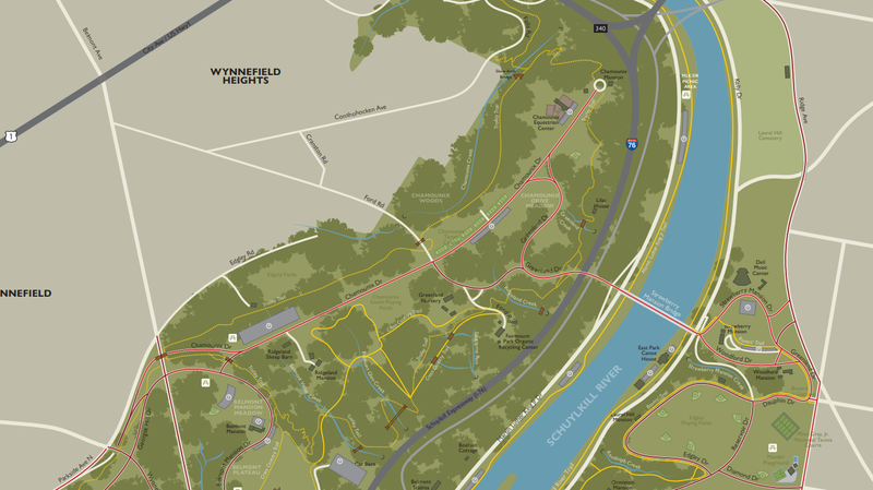 The Trolley Trail is shown as a dotted yellow line on this map. Click to enlarge.
