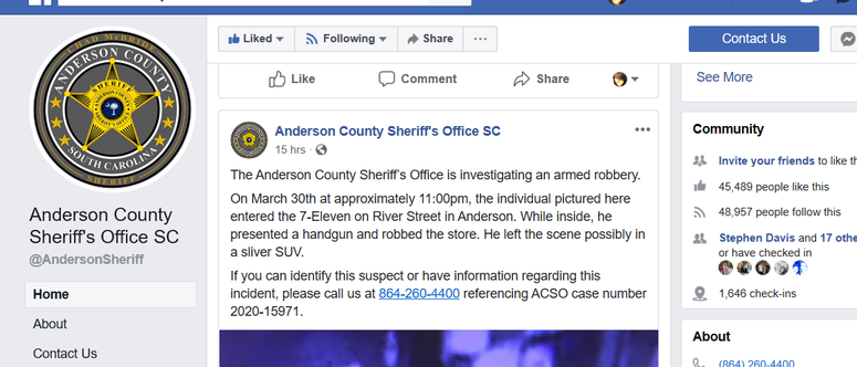 Robbery Suspect Post, ACSO Facebook Page