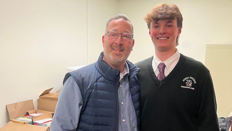 Bishop Eustace High School junior Andrew Passalacqua, 17, with his dad Marc, created Crayons for Courts to give some comfort to kids.