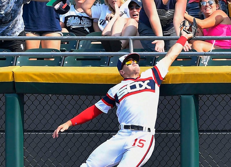 White Sox center fielder Adam Engel makes a catch at the wall.