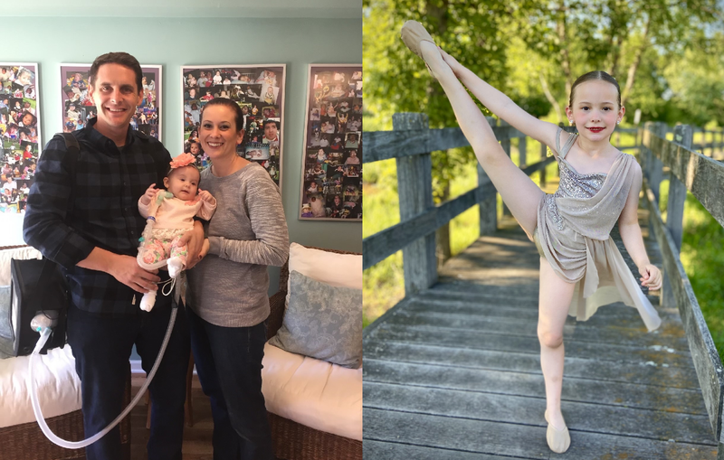 Left: The Laura Brown and her husband hold their daughter, Josie, who was diagnosed with a very rare medical condition. Right: Josie, years later, striking a pose.