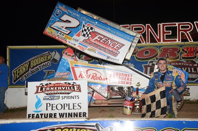 AJ Flick In Victory Lane After Winning Peoples Gas Sprint Division Race At Lernerville Speedway