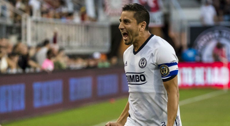 Philadelphia Union midfielder Alejandro Bedoya celebrates a goal. 