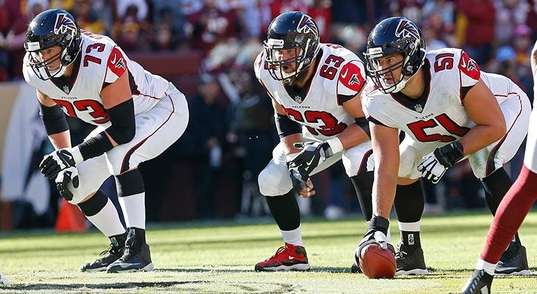 Atlanta Falcons center Alex Mack, offensive guard Ben Garland, and offensive tackle Ryan Schraeder