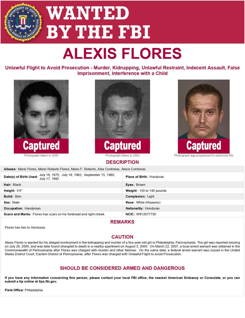 FBI poster advertising Flores' capture.