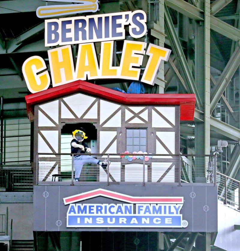 Bernie makes an appearance Wednesday outside his new chalet with a red roofline to match the American Family Insurance logo. The chalet was unveiled during part of the 2021 Milwaukee Brewers season preview week at American Family Field in Milwaukee. Brewers Bernie 00122
