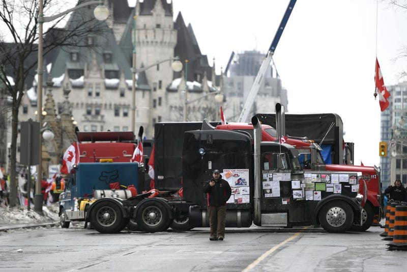 Trucks block access to the Ambassador Bridge in Windsor, Ont. 