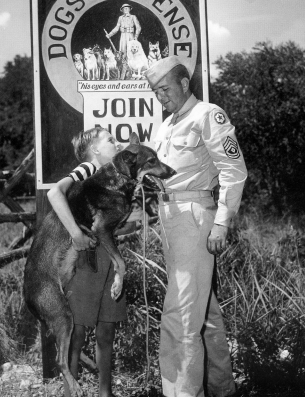 Clyde Porter gives his dog, Junior, to the Texas recruiting station for Dogs for Defense, August 1942
