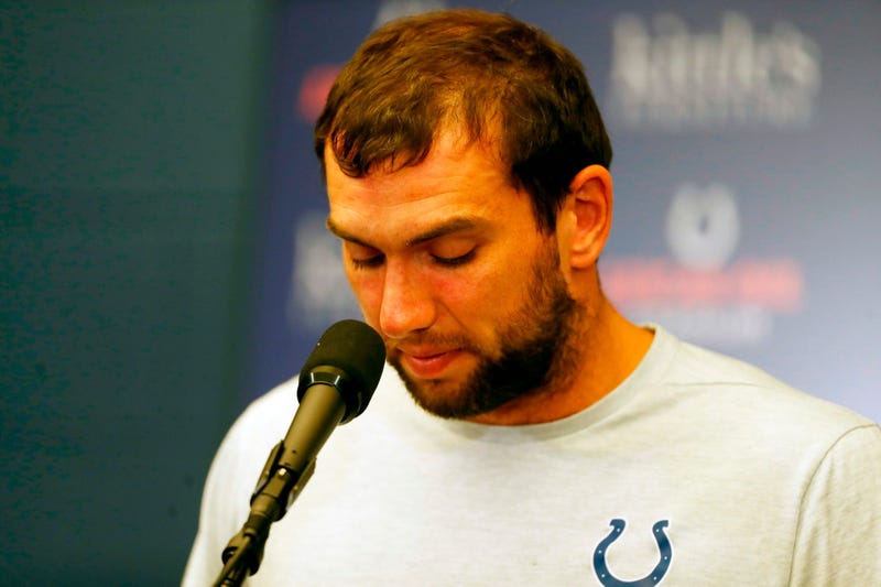 Jan 12, 2019; Kansas City, MO, USA; Indianapolis Colts quarterback Andrew Luck (12) reacts after loosing to the Kansas City Chiefs in an AFC Divisional playoff football game at Arrowhead Stadium. Mandatory Credit: Mark J. Rebilas-USA TODAY Sports
