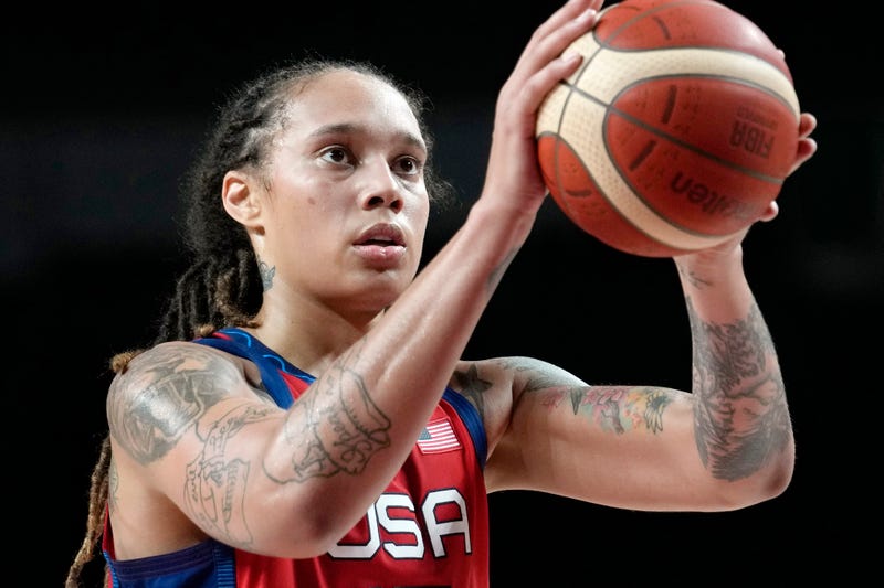 FILE - United States' Brittney Griner (15) shoots during a preliminary round women's basketball game against Nigeria at the 2020 Summer Olympics, on July 27, 2021, in Saitama, Japan. Griner’s detention in Russia raises all sorts of questions. Is she a political prisoner in the standoff between two superpowers? Is she being treated like anyone else who violated the law in a foreign country?  