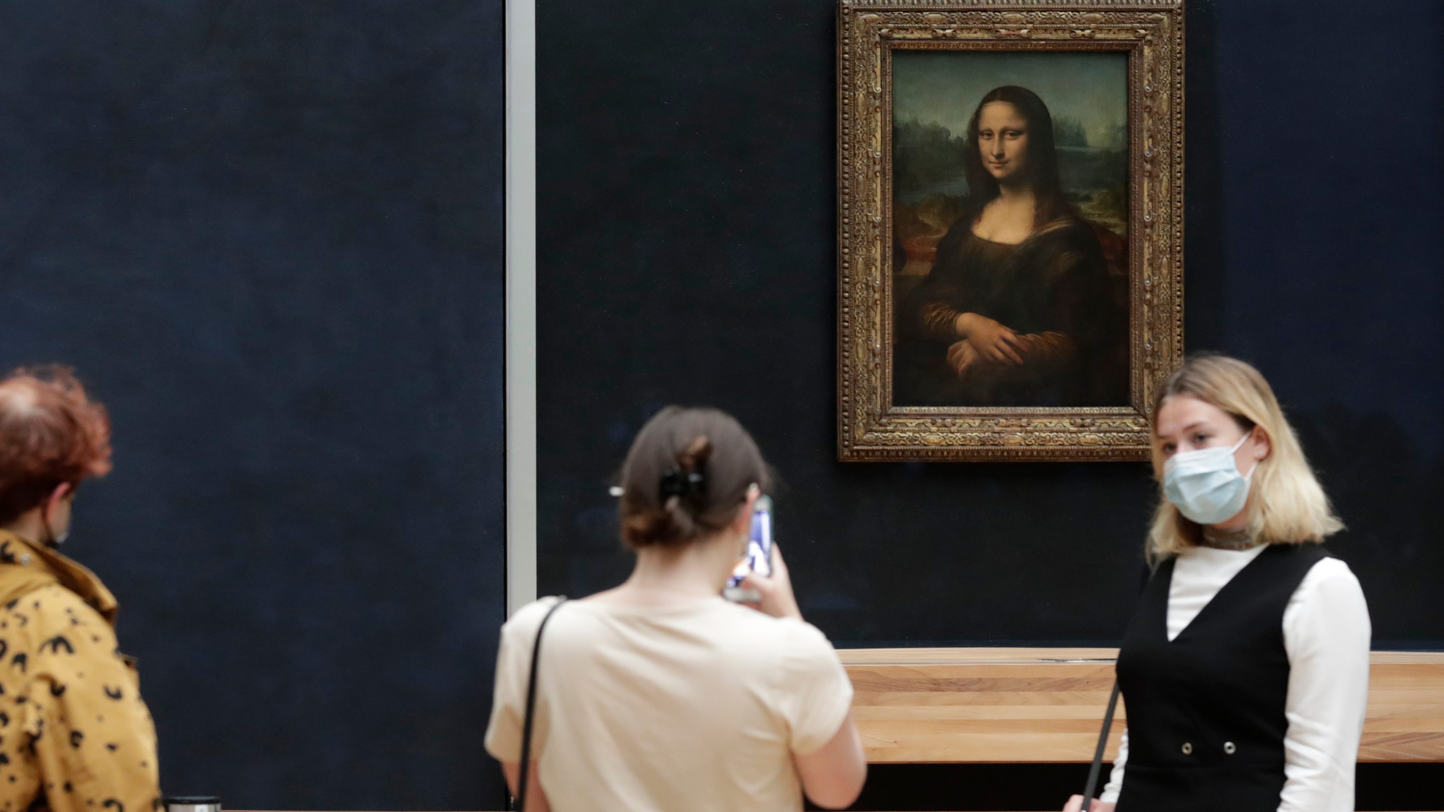 Man in wig throws cake at glass protecting Mona Lisa