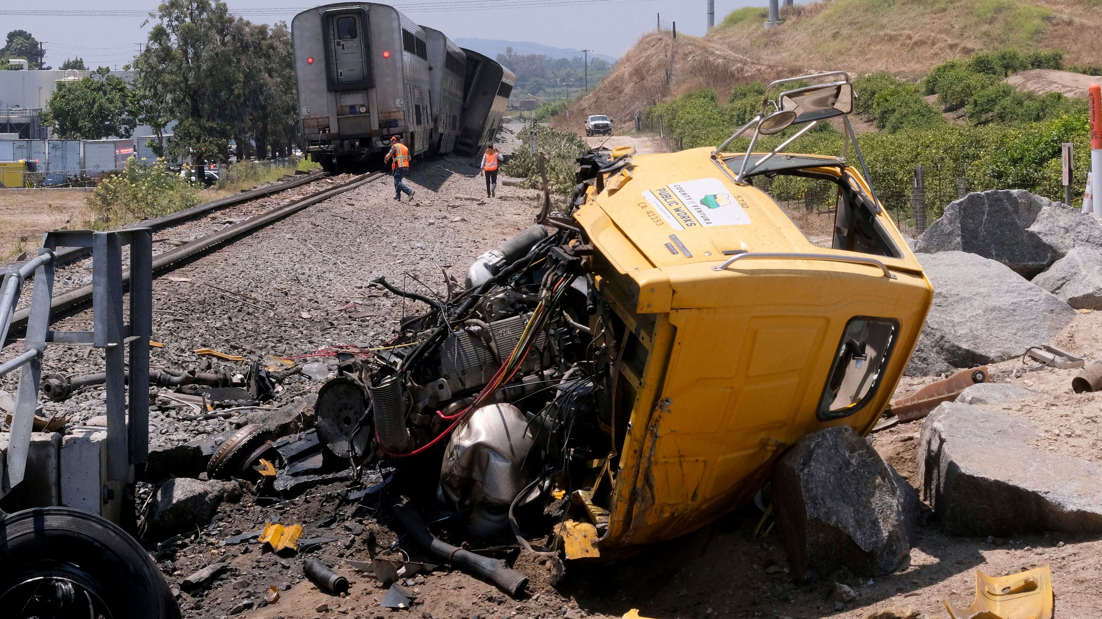 Amtrak train with 198 passengers derails after hitting truck on tracks in Southern California