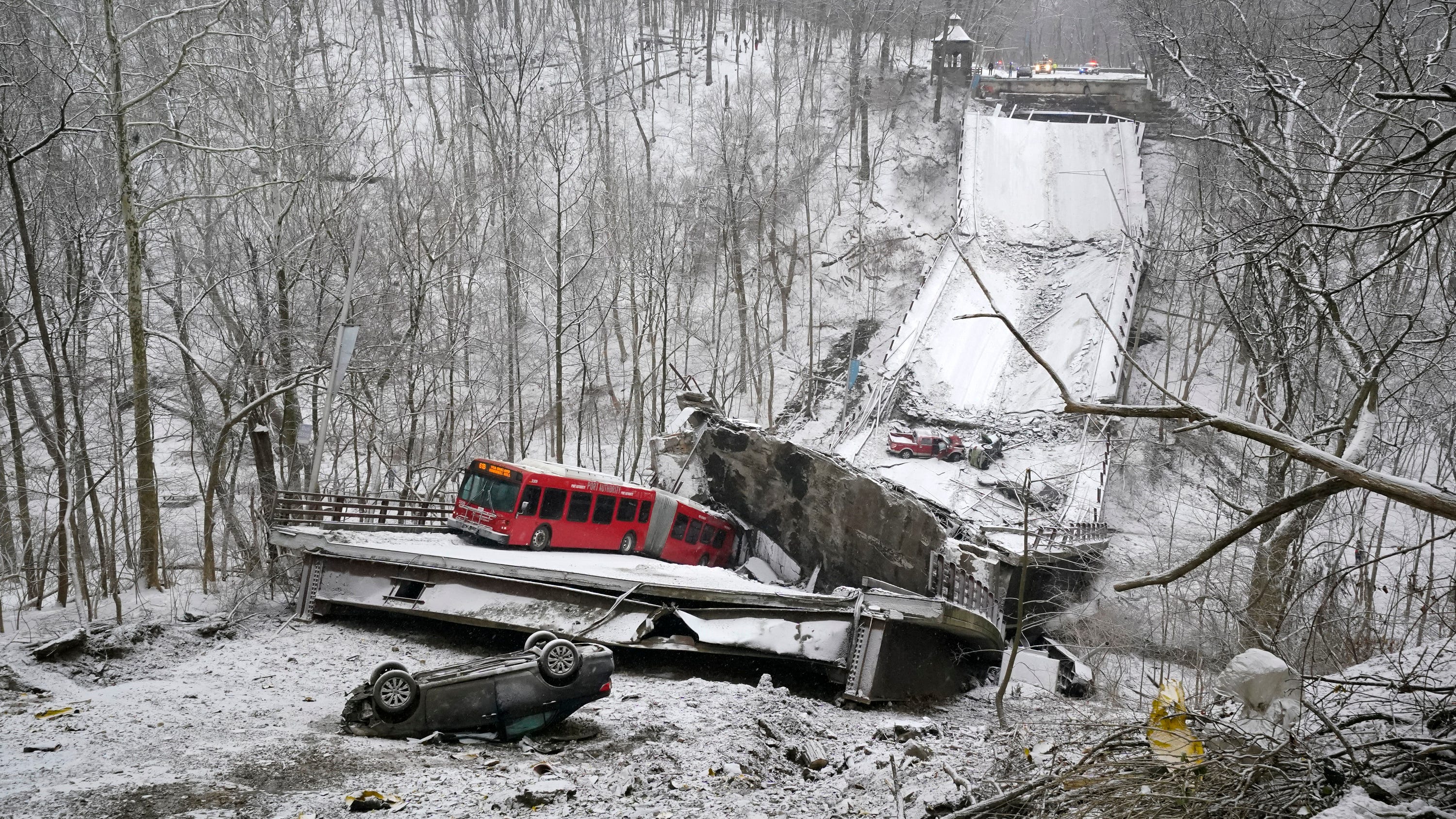 Bridge collapses, drops city bus into Pittsburgh ravine