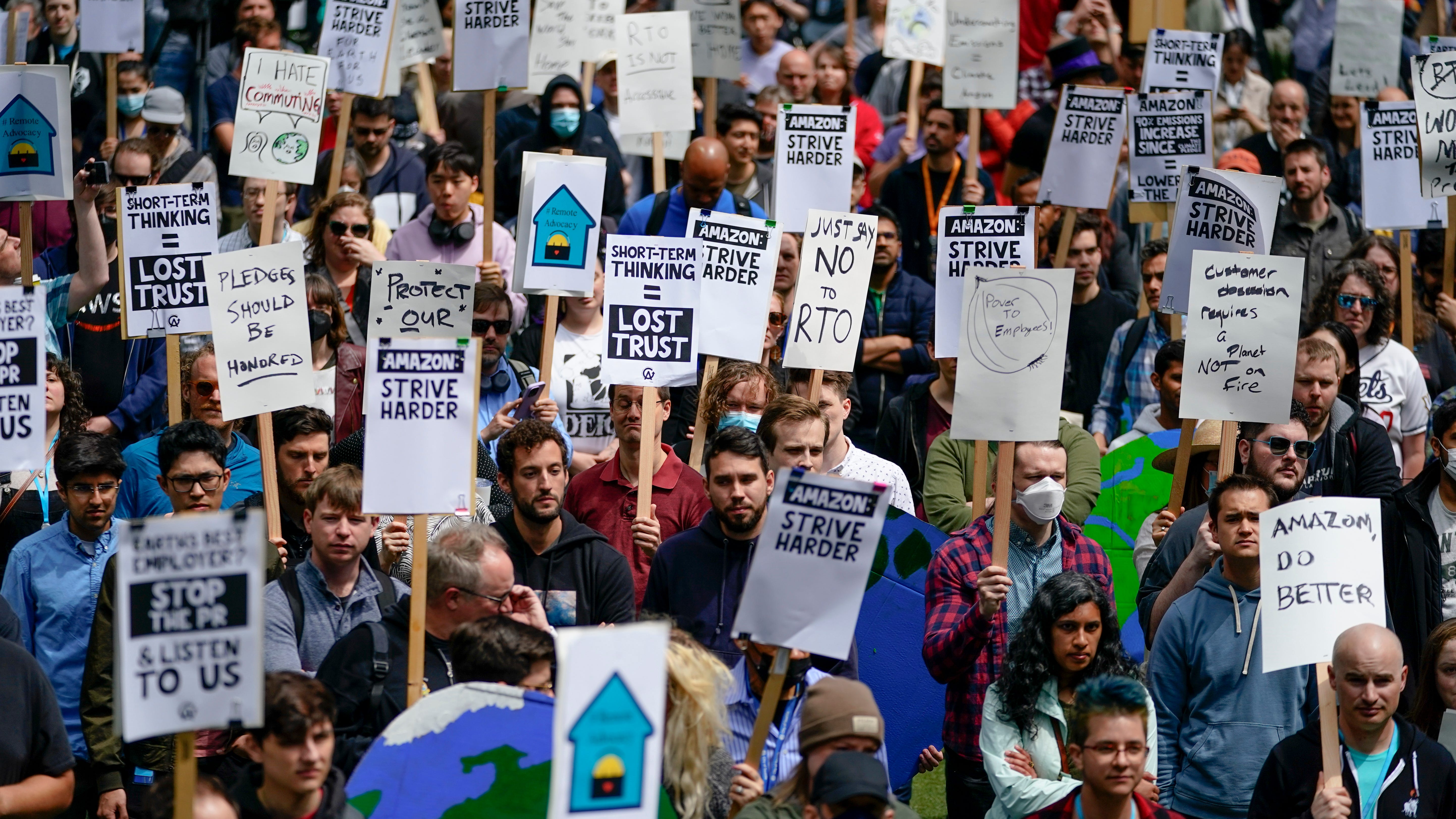 Corporate Amazon workers protest company’s climate impact and return-to-office mandate in walkout