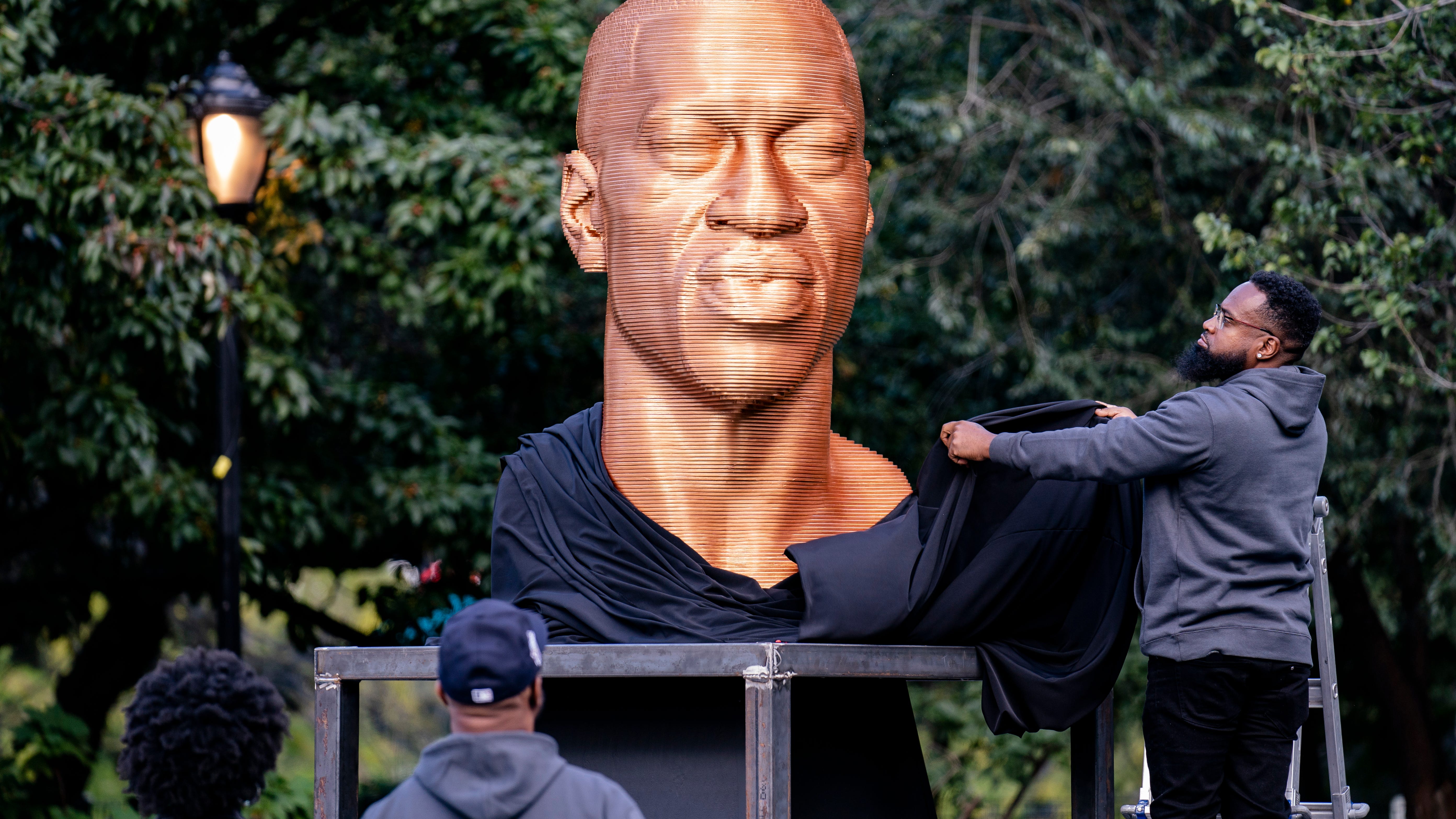 George Floyd memorial statue in New York City defaced again