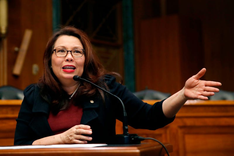 In this Feb. 14, 2018, photo, Sen. Tammy Duckworth, D-Ill., speaks to Goldman Sachs 10,000 Small Businesses Summit, on Capitol Hill, in Washington.
