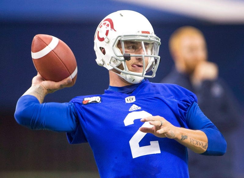 In this July 23, 2018, file phtoo, Montreal Alouettes quarterback Johnny Manziel throws during practice in Montreal. The Alouettes announced that Manziel will be their starter Friday night, Aug. 3, 2018, when they host the Hamilton Tiger-Cats.