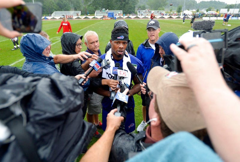 Buffalo Bills wide receiver Corey Coleman talks to the media after his first practice at the NFL football team's training camp in Pittsford, N.Y. Bills newly acquired receiver Corey Coleman can't escape the reminders of Cleveland no matter how hard he's