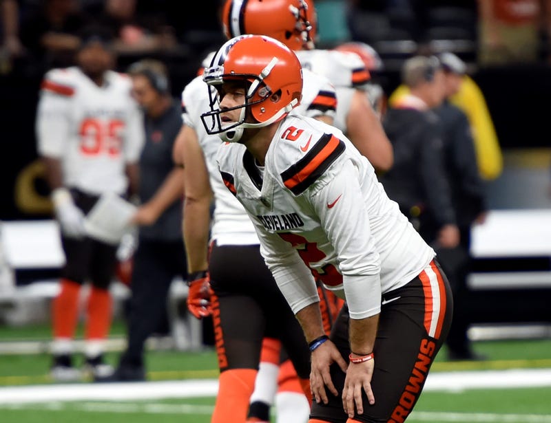 Cleveland Browns kicker Zane Gonzalez reacts after missing an extra point during the second half of an NFL football game against the New Orleans Saints, in New Orleans Sunday, Sept. 16, 2018.