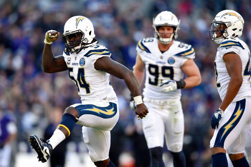 Los Angeles Chargers defensive end Melvin Ingram (54) celebrates after sacking Baltimore Ravens quarterback Lamar Jackson