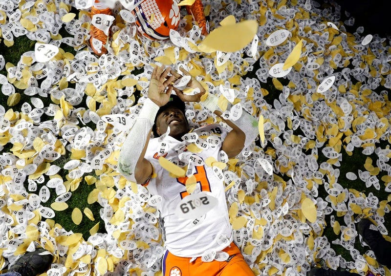 Clemson's Travis Etienne celebrates after the NCAA college football playoff championship game