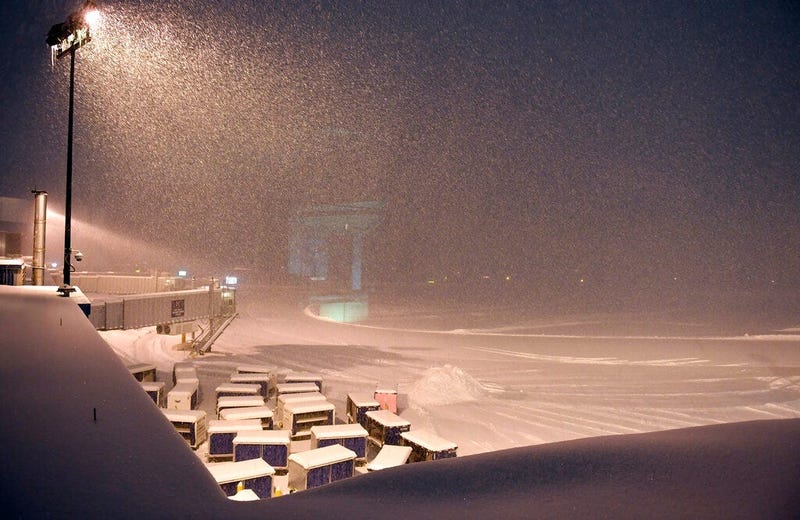 Airline baggage carts sit on the tarmac as crews prepare to remove snow at the Albany International Airport in Colonie, N.Y., Sunday, Jan. 20, 2019