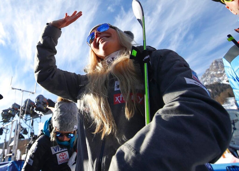 United States' Lindsey Vonn waves as she stands in the finish area after completing an alpine ski, women's World Cup super-G in Cortina D'Ampezzo, Italy, Sunday, Jan. 20, 2019